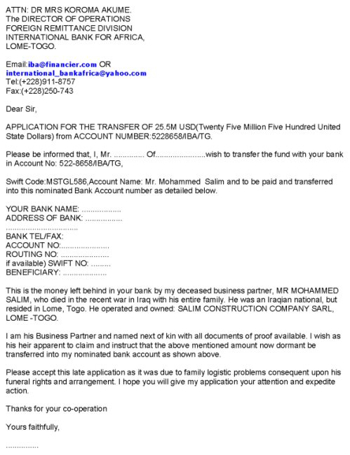 Scammer using the name Mike Bens sent this form, Text of Application for the International Bank For Africa, Lome-Togo